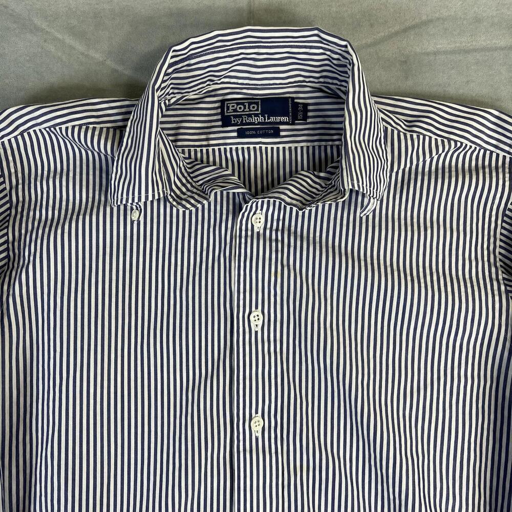 Vintage Polo Ralph Lauren Dress Shirt Mens 15.5-34 Blue White Striped Button 90s